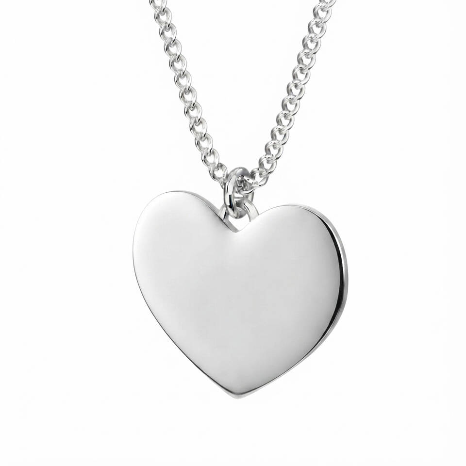 Engravable handmade 5% Welsh silver plain heart pendant with a high-polish finish on a sterling silver chain
