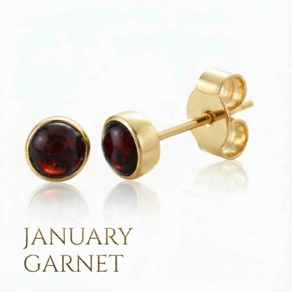 18ct Eryri Welsh gold bezel-set stud earrings featuring natural January garnet gemstones