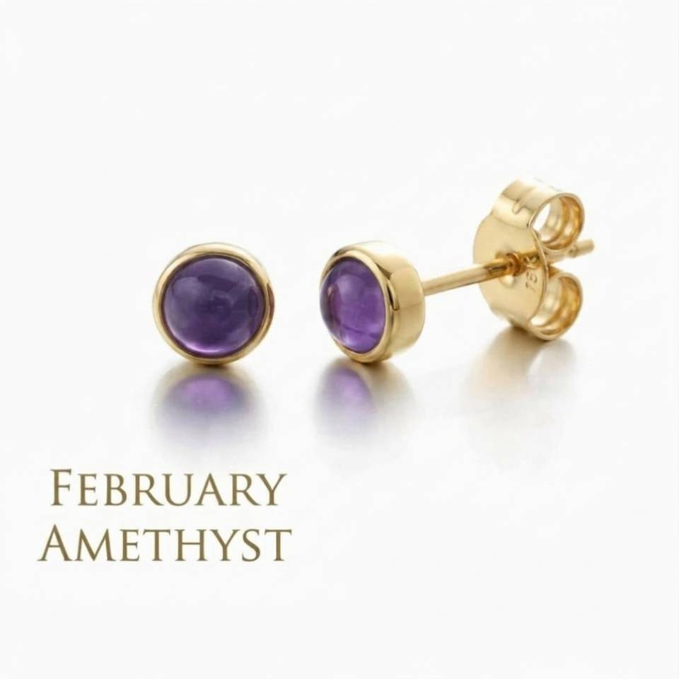 18ct Eryri Welsh gold bezel-set stud earrings featuring natural February amethyst gemstones