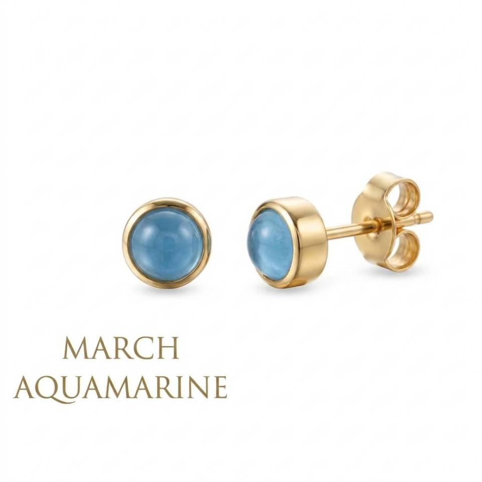 18ct Eryri Welsh gold bezel-set stud earrings featuring natural March aquamarine gemstones