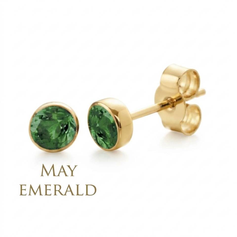 18ct Eryri Welsh gold bezel-set stud earrings featuring natural May emerald gemstones