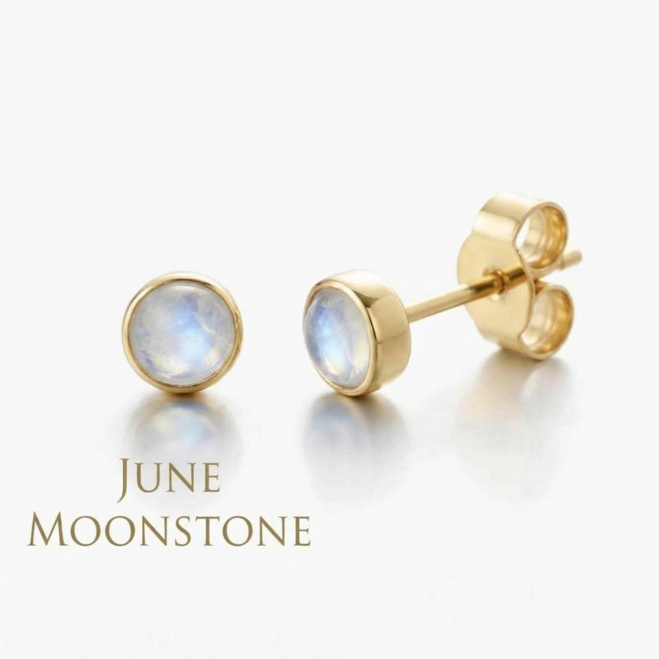 18ct Eryri Welsh gold bezel-set stud earrings featuring natural June moonstone gemstones