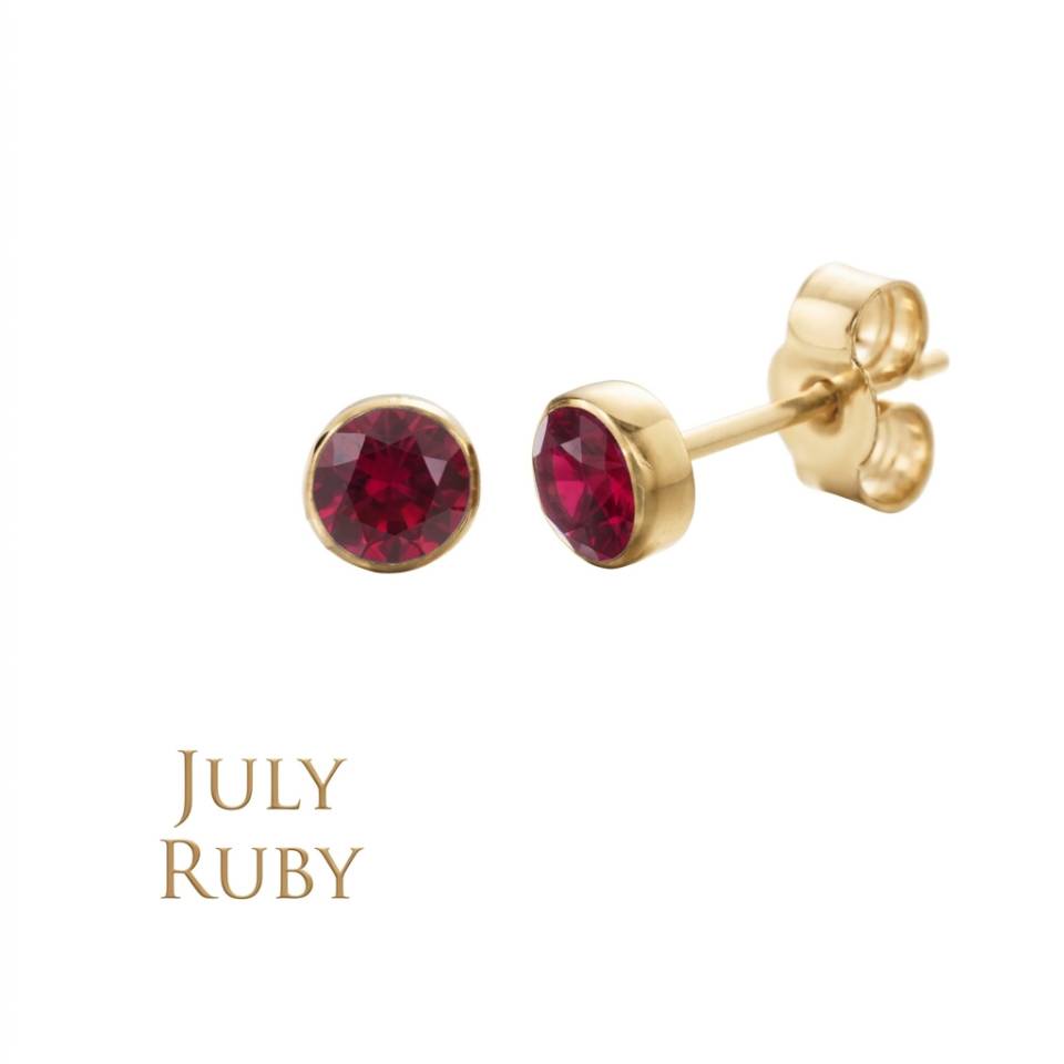 18ct Eryri Welsh gold bezel-set stud earrings featuring natural July ruby gemstones