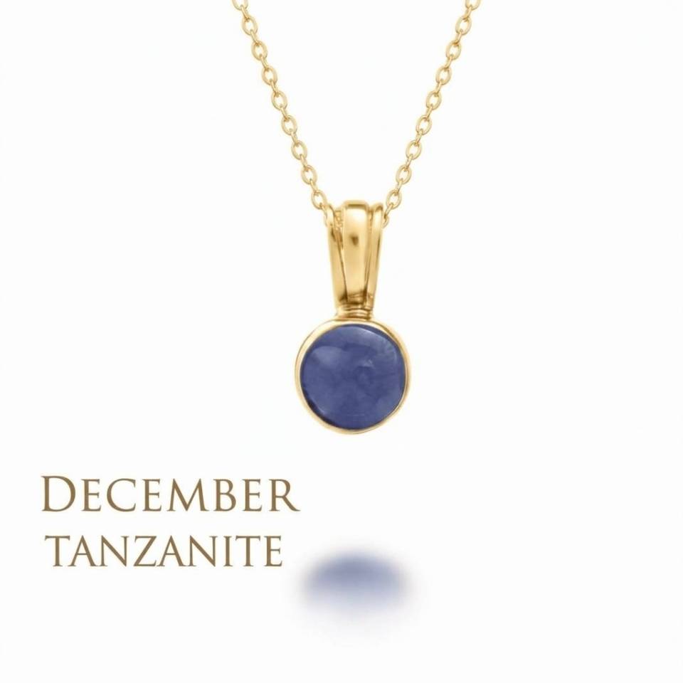 18ct Eryri Welsh gold bezel pendant featuring a natural December tanzanite gemstone on an 18inch gold chain