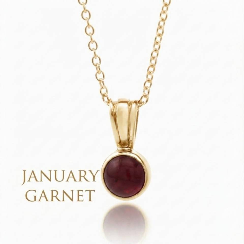 An 18ct Eryri Welsh gold bezel pendant featuring a natural January garnet gemstone on an 18 inch gold chain