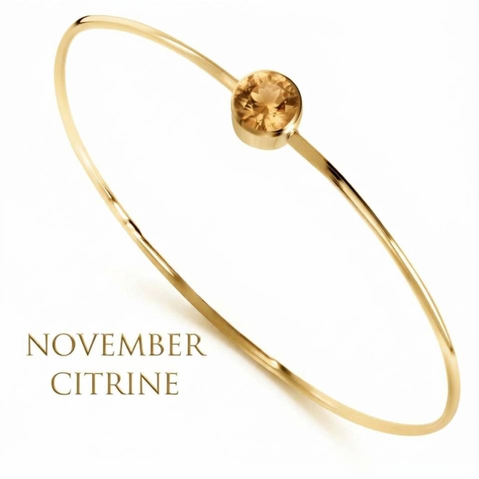 18ct Eryri Welsh gold 1.2mm wire bangle set with a natural November citrine gemstone