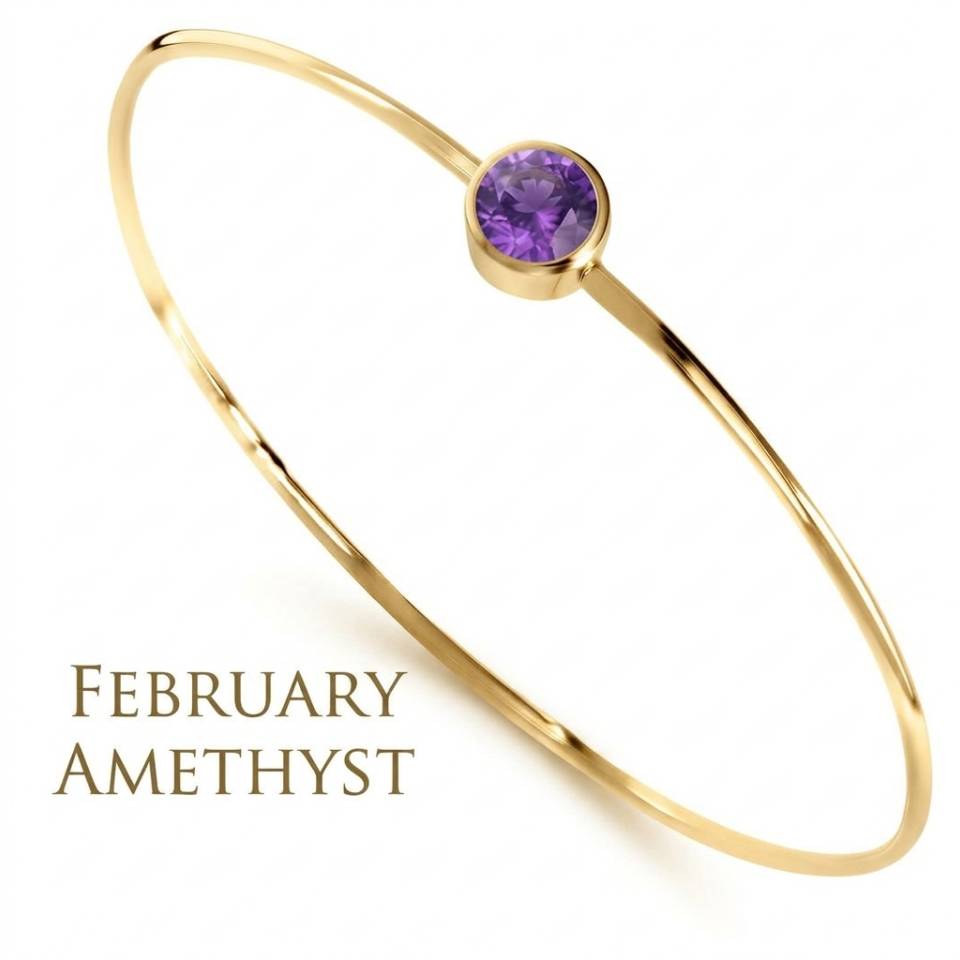 18ct Eryri Welsh gold 1.2mm wire bangle set with a natural February amethyst gemstone