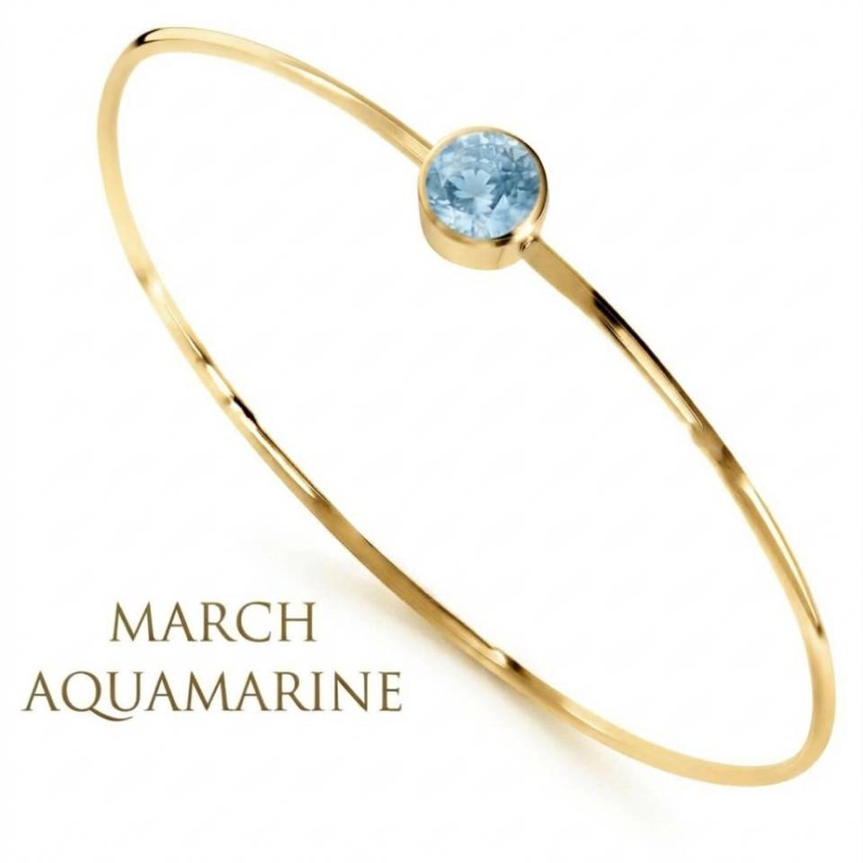 18ct Eryri Welsh gold 1.2mm wire bangle set with a natural March aquamarine gemstone