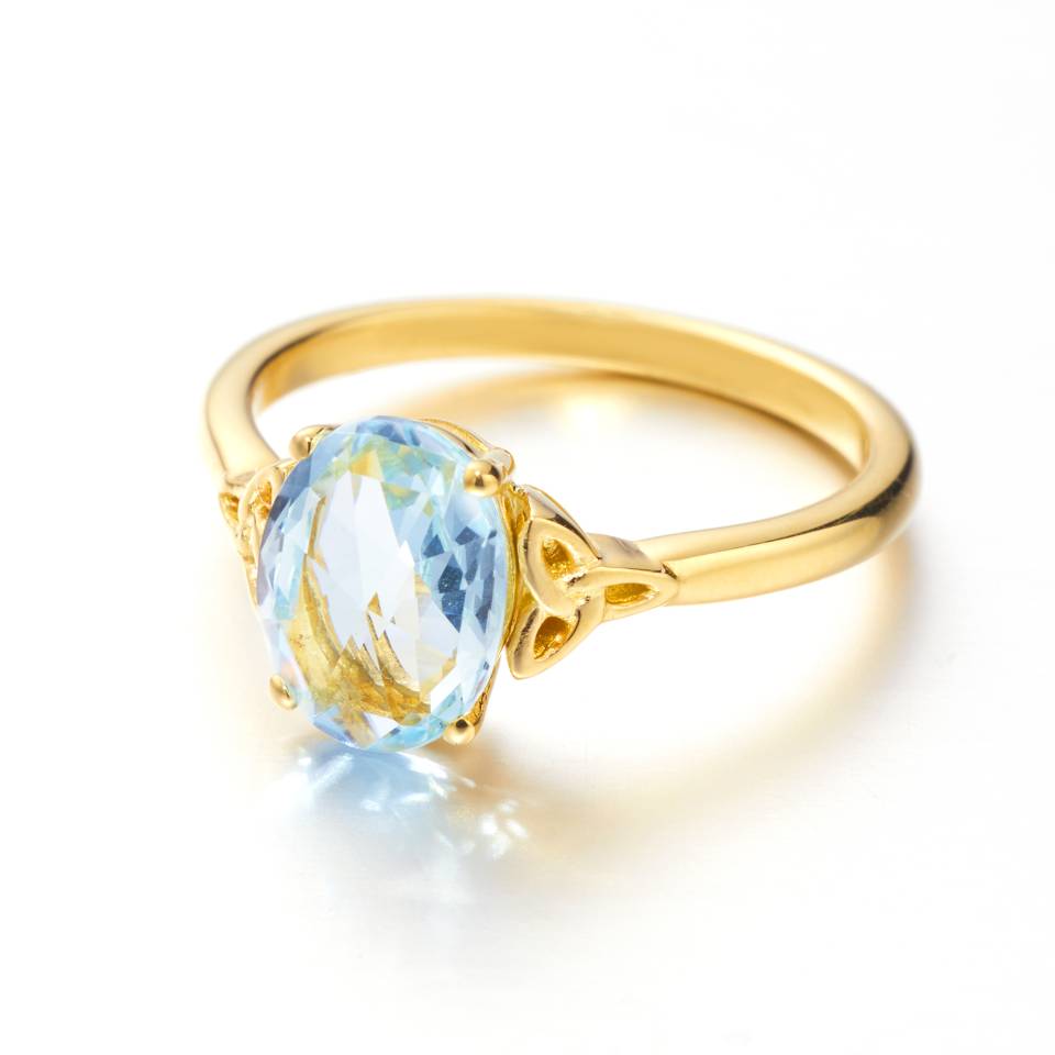 18ct Eryri Welsh gold solitaire ring set with a 1.3ct rose-cut aquamarine and Triquetra shoulders