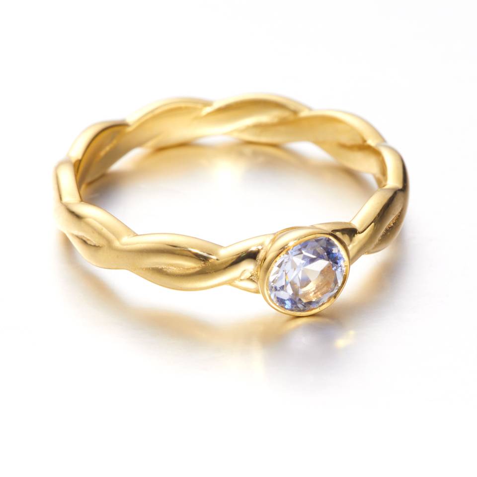 18ct Eryri Welsh gold woven Celtic engagement ring set with a 0.5ct round white sapphire
