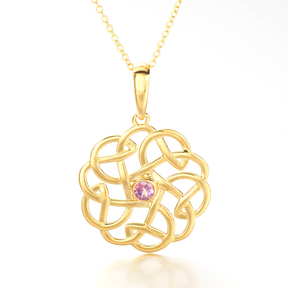 Front view of 20% Welsh gold Celtic Love Knot pendant set with a 0.2ct pink sapphire on an 18ct gold chain