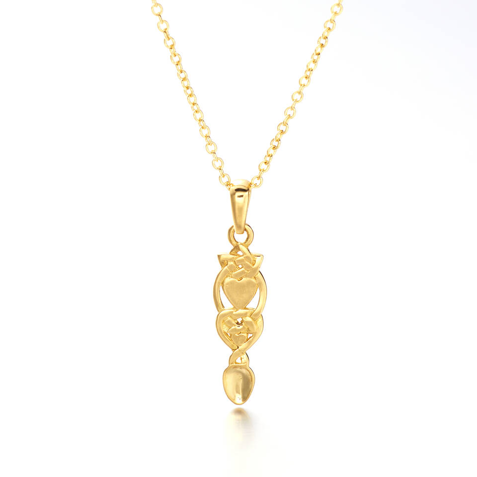 Bespoke Welsh gold lovespoon necklace; an elegant piece of traditional Welsh jewellery featuring hearts and infinity knots.