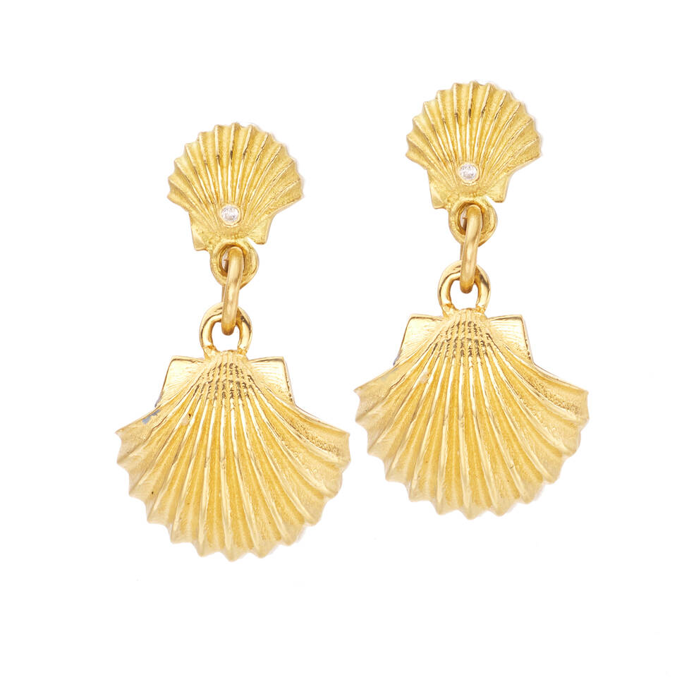 Pair of 18ct gold scalloped shell drop earrings set with small accent diamonds