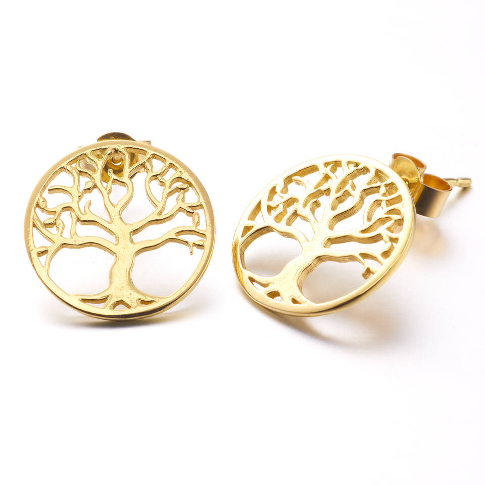 Pair of circular Welsh gold and Fairmined gold Tree of Life stud earrings with post backings