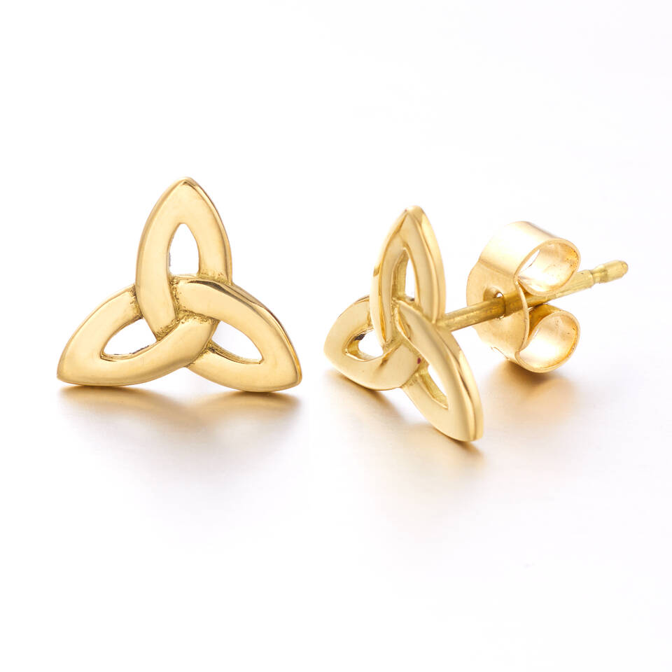A pair of 20% Welsh gold and Fairmined gold Trinity Knot stud earrings on a white background
