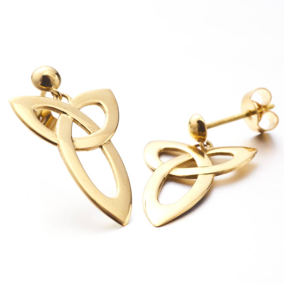 Handcrafted 18ct Eryri Welsh gold elongated Trinity Knot drop earrings