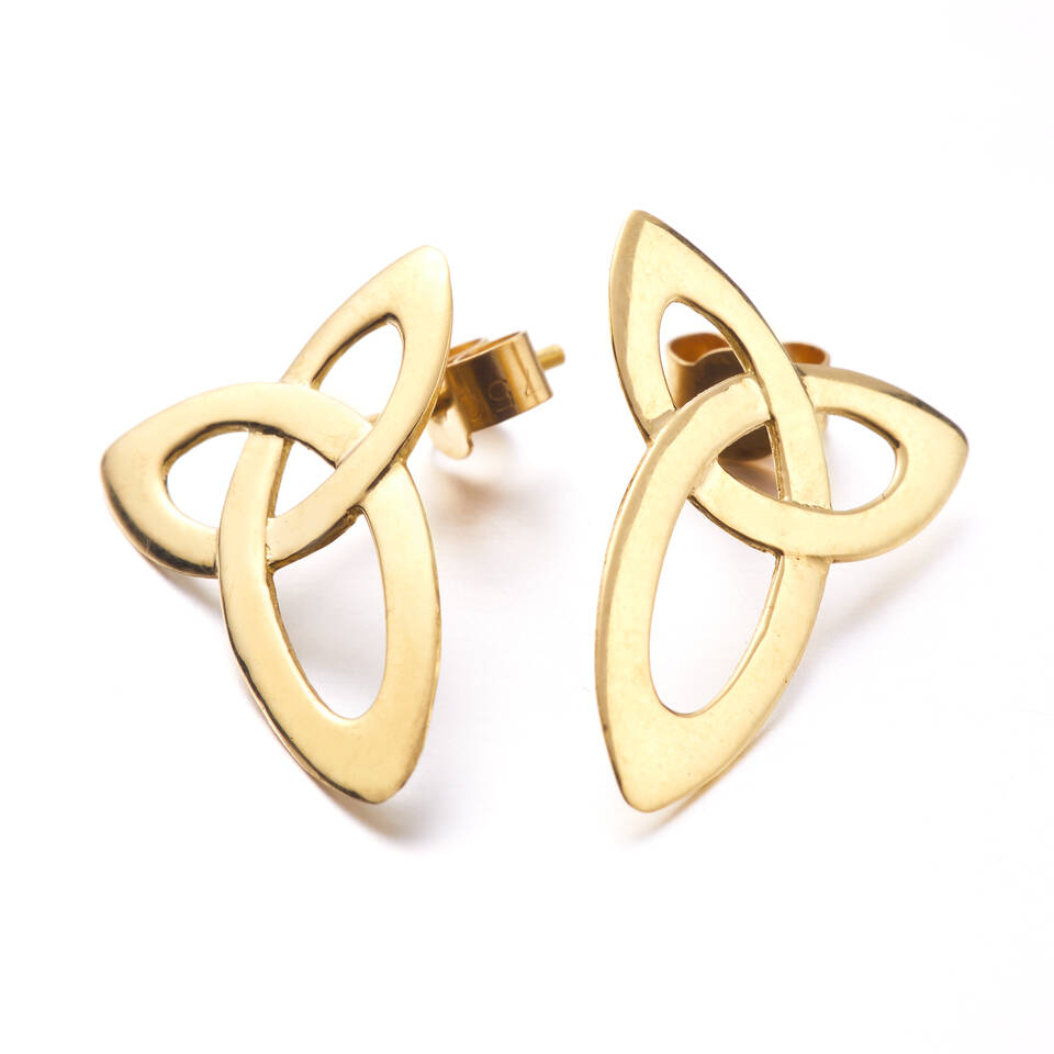 Pair of cast and hand-finished 20% Welsh gold elongated Trinity Knot stud earrings showcasing fine Celtic knotwork.