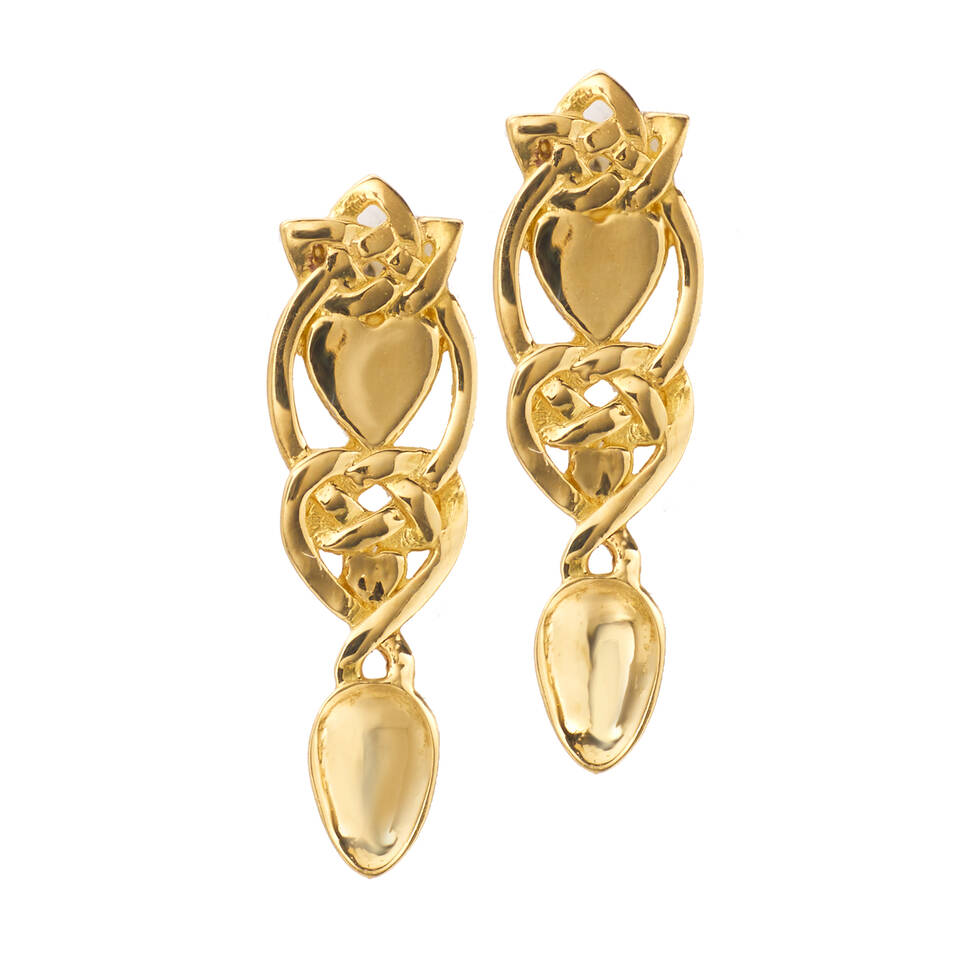 Close-up image showcasing the intricate detail of two gold lovespoon earrings, handcrafted from rare Welsh gold to celebrate ancient Celtic traditions.